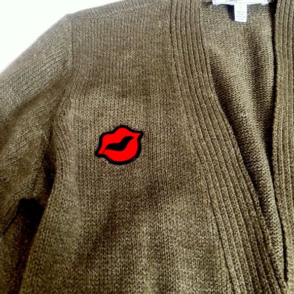 Libby Edelman Cardigan Green Open Front Pockets Applique Knit Sweater SMALL - Picture 6 of 11
